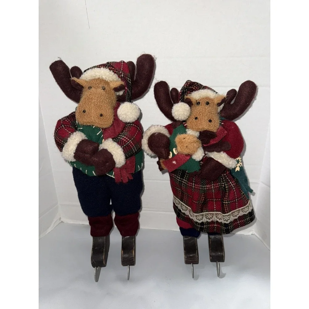 Vintage 2 Chris Moose Christmas Stand Alone Decor Ice Skating Couple Baby Winter